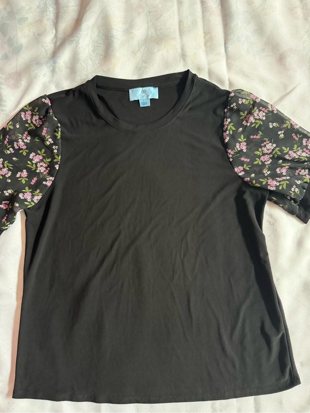 CeCe Black Tee with Pink Floral Puff Sleeves